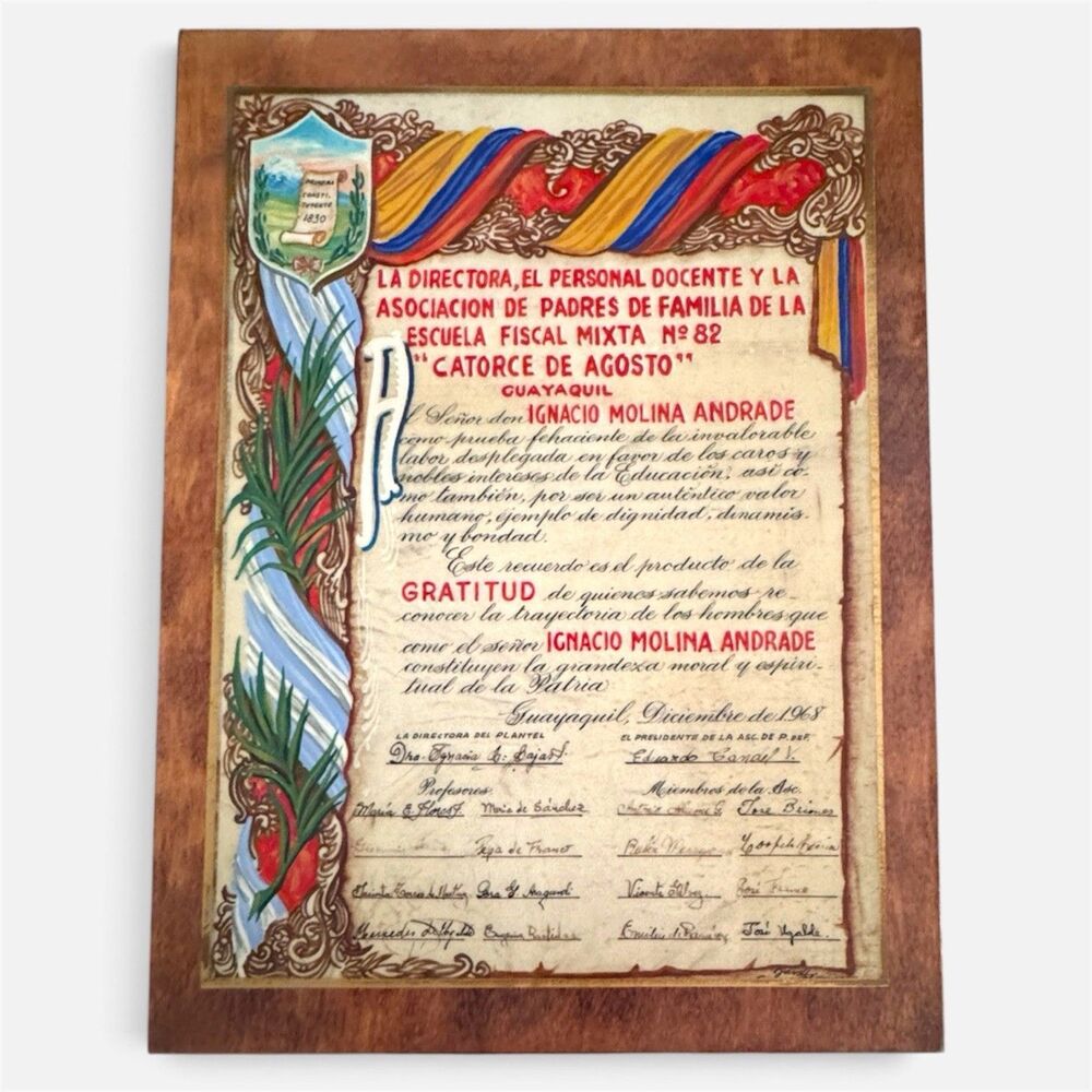 1968 Ecuador Hand Painted Honor Document Ignacio Molina Andrade Perma Plaque